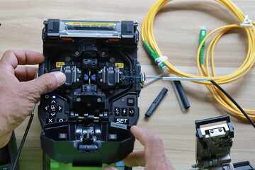 Fiber Optic Fusion Splicing Cable Internet signal and Wire connection with Fiber Optic Fusion...
