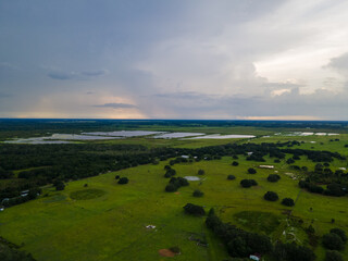 Farm lands in a tropical climate with lush green trees and a lot of standing water. Large pastures hold ponds that are about to be filled with approaching rain storms.