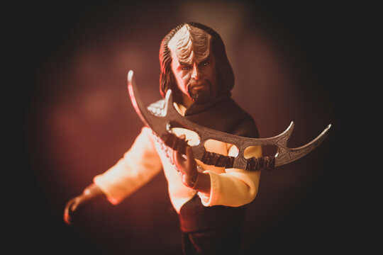 NEW YORK USA, JUNE 21 2022 - Star Trek Next Generation Klingon Lieutenant Worf with a bat'leth weapon - Mego Corp Action figure