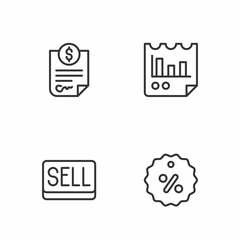 Set line Discount percent tag, Sell button, Contract money and Document with graph chart icon. Vector
