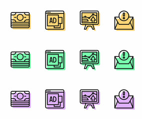 Set line Monitor with graph chart, Stacks paper money cash, Advertising and Envelope icon. Vector