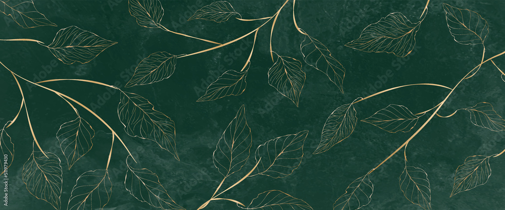 Wall mural luxury watercolor background with golden branches and leaves in line art style. botanical abstract g