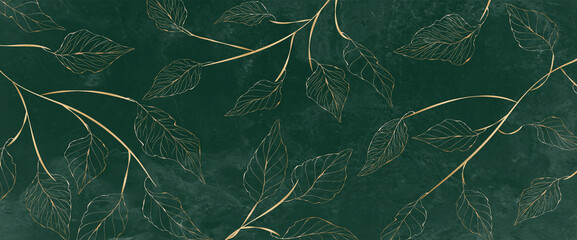 Luxury watercolor background with golden branches and leaves in line art style. Botanical abstract green wallpaper for banner design, textile, print, decor. - obrazy, fototapety, plakaty