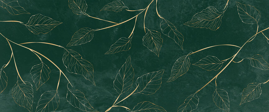 Luxury watercolor background with golden branches and leaves in line art style. Botanical abstract green wallpaper for banner design, textile, print, decor.