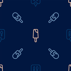 Set line Cafe and restaurant location, Ice cream and on seamless pattern. Vector