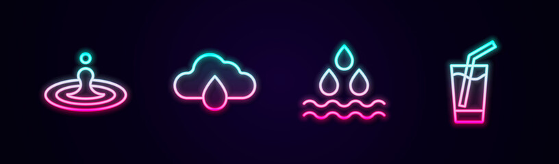 Set line Water drop, Cloud with rain, and Glass water. Glowing neon icon. Vector