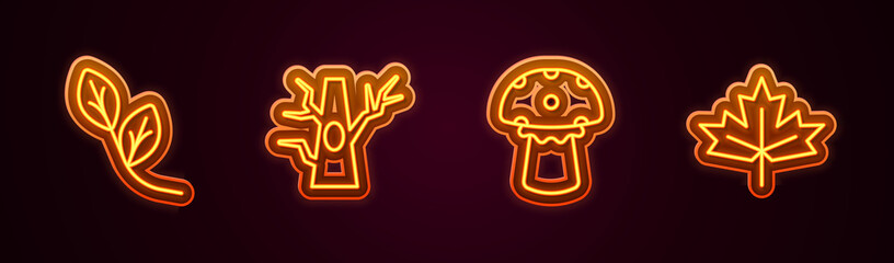 Set line Leaf, Bare tree, Mushroom and Canadian maple leaf. Glowing neon icon. Vector