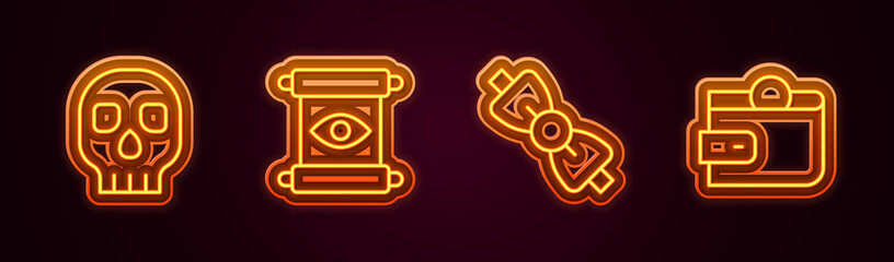 Set line Skull, Magic scroll, Bow tie and Wallet. Glowing neon icon. Vector
