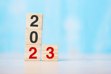 block 2023 text on table. Resolution, strategy, plan, goal, motivation, reboot, business and New Year holiday concepts