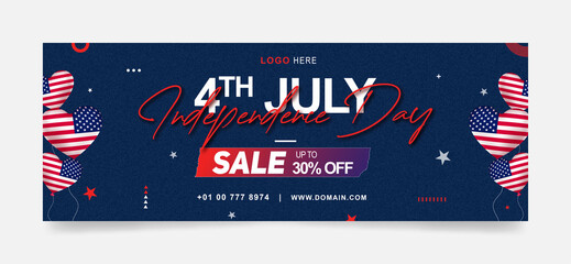 Fototapeta na wymiar independence day sale facebook or web ad banner template. 4th july offer banners with heart flag, blue background design