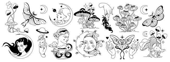 Set of monochrome magic and celestial symbols. Mystical silhouette signs, prints, stickers. Vector graphic illustration of crescent moon, witchcraft sings, sun. Astrology esoteric aesthetics. - obrazy, fototapety, plakaty