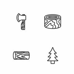 Set line Tree, Wooden log, axe and logs icon. Vector