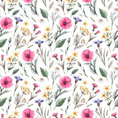 Botanical seamless pattern with watercolor wild flowers. Watercolor background with poppies, mint, bells, lungwort and other wildflowers. Beautiful background for invitations, fabrics, wallpapers