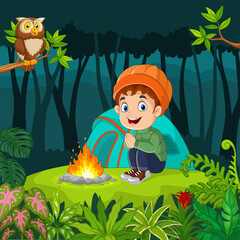 Cartoon little boy camping in the jungle