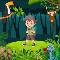 Cartoon explorer boy with animals in the jungle