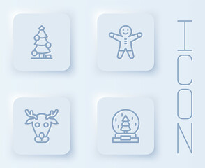 Set line Christmas tree, Holiday gingerbread man cookie, Reindeer and snow globe. White square button. Vector