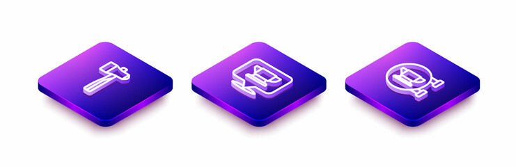 Set Isometric line Hammer, Blacksmith anvil tool and icon. Vector