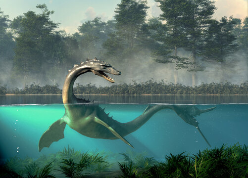 Altamaha-ha is a cryptid of southern Georgia folklore. The creature, a river monster with an alligator shaped head and long neck, is said to inhabit the Altamaha river and nearby marshes. 3D Rendering