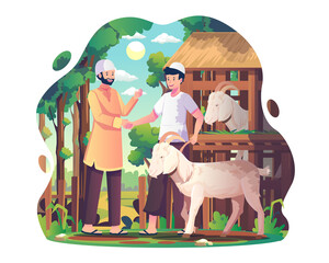 Fototapeta premium Muslim people are buying sacrificial animals from farmers to celebrate eid al Adha. Two people shake hands in agreement after buying a goat. Vector illustration in flat style