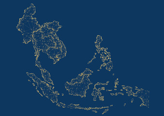Abstract mash line and point with map of southeast asia polygonal network line 3d render