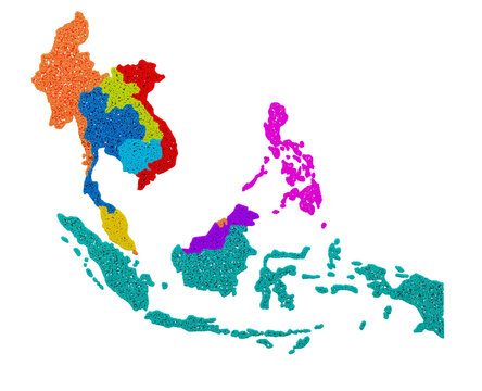 Asean Map with colorful dots style illustration, for background (AEC, AFTA, ASEAN), 3d render	
