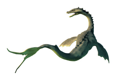 Altamaha-ha on a white background. The creature, a river monster with an alligator shaped head and long neck, is said to inhabit the Altamaha river and nearby marshes. 3D Rendering