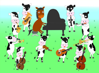 馬や牛たちが歌を歌ったり楽器を演奏したりしている。