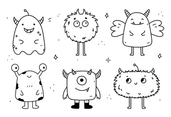 Set of cute and funny monsters isolated on white background. Vector hand-drawn illustration in doodle style. Perfect for Halloween designs, cards, logo, decorations. Cartoon characters. © lesyau_art