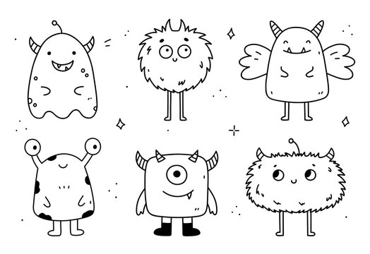Set of cute and funny monsters isolated on white background. Vector hand-drawn illustration in doodle style. Perfect for Halloween designs, cards, logo, decorations. Cartoon characters.