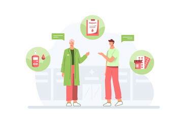 Diabetes concept with doctor giving advice to patient in flat design