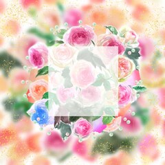 Fototapeta na wymiar ピンクとオレンジ色のバラのピエールドロンサールのフラワーリースと金粉の手描き水彩画イラストと正方形型のメッセージカード