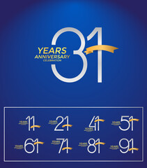 set of anniversary logotype silver color with golden ribbon on blue background for celebration
