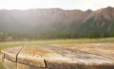 wooden table in the mountains. selective focus