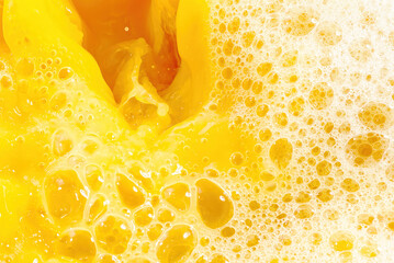 Closeup of splashing orange juice, top view. Splash of fresh sweet orange, mango, fruit juice. Freeze motion of pouring orange juice .