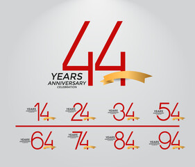set of anniversary logotype red color with golden ribbon on white background for celebration