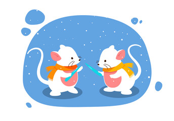 Mice under snow. Two cute animals with icicles in their hands. Picture for printing on childrens clothing. Fictional characters for kids in winter season, snowfall. Cartoon flat vector illustration