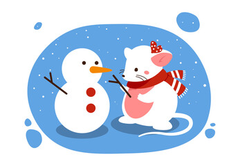 Mice with snowman. Christmas and New Year, poster or banner for website with winter holidays. Cute animals and characters for childrens, rat in winter season. Cartoon flat vector illustration
