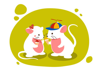 Mice with ice cream. Children with sweets, white mammals. Teenagers on vacation, picture for printing on kids clothing. Mouse friends communicate, discussion. Cartoon flat vector illustration