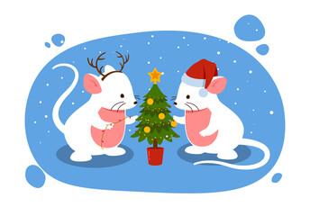 Mouse decorates Christmas tree. White mammals preparing for winter holidays. New Years and Christmas. Characters with garland under snowfall, tradition and religion. Cartoon flat vector illustration