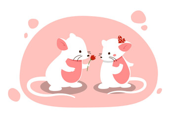 Mouse gives flower. Cute couple of mammals, romantic date and surprise for your beloved. Love and care, gifts. Stylish design for Valentines day greeting card. Cartoon flat vector illustration