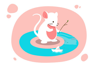 Mouse launches ship. Cute character sends bouncy boat down river or puddle. Childrens games and entertainment, white mammal outdoors, travel, trip and adventure. Cartoon flat vector illustration