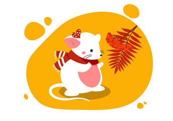 Obraz na płótnie Canvas Mouse with tree. White mammal examines branch with foliage. Chinese traditional characters, autumn season. Cold weather and animals in warm clothes and scarf. Cartoon flat vector illustration