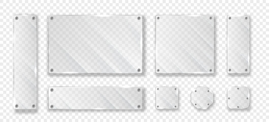 Realistic glass plates. Collection of mirrors of different geometric shapes for boutique or supermarket. Set of textures for website. Isometric vector illustrations isolated on transparent background
