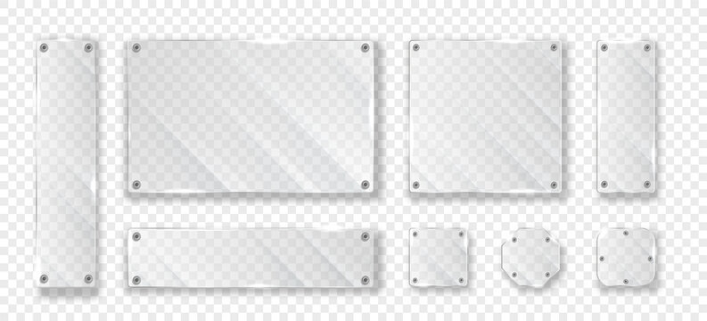 Realistic glass plates. Collection of mirrors of different geometric shapes for boutique or supermarket. Set of textures for website. Isometric vector illustrations isolated on transparent background