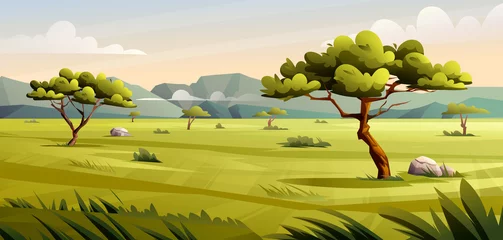 Plexiglas foto achterwand Savanna landscape illustration. Landscape of the African savanna in cartoon style © YG Studio