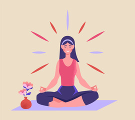 Enjoys freedom and life. Woman sits in lotus position and meditates. Yoga, asana and stretching. Inner balance and calmness, optimism and positivity concept. Cartoon flat vector illustration