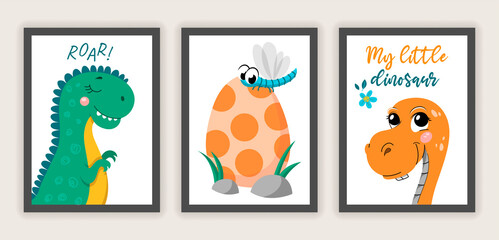 Fototapeta premium Set of dinosaur covers. Graphic elements for website with prehistoric and fictional characters. Animals BC, cards for childrens. Cartoon flat vector illustrations isolated on grey background