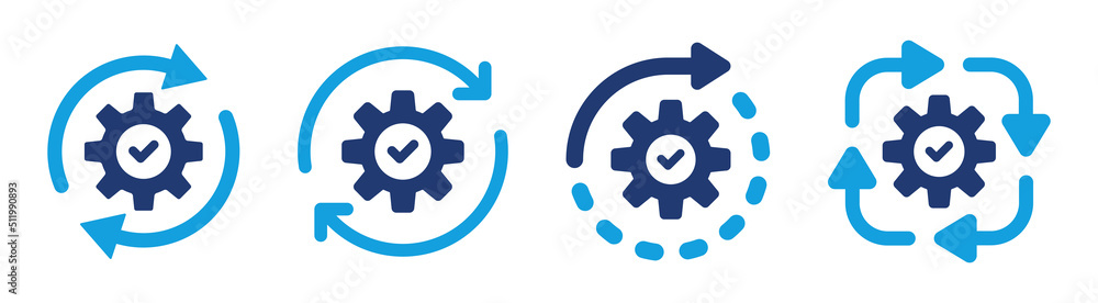 Aufkleber Development icon vector set. Gear symbol rotate with arrow and check mark sign for operation, production and capacity concept.