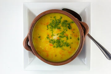 Lentil vegetable soup in a bowl.