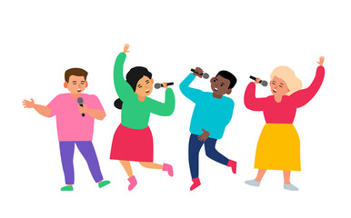 group of multiracial children  singing microphone karaoke kids party vector illustration